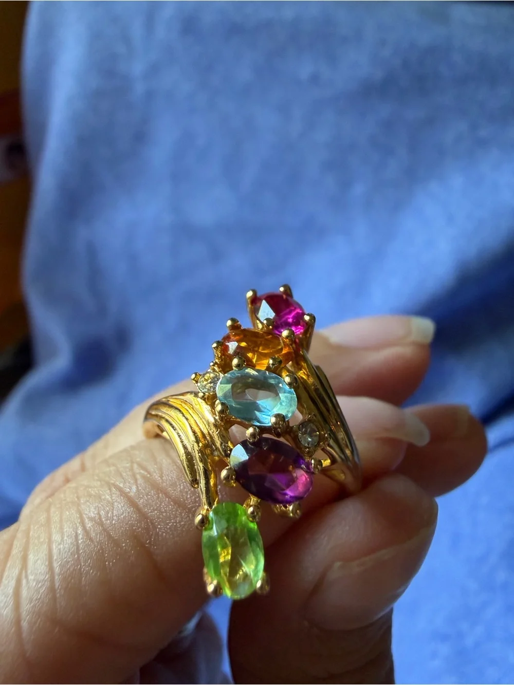 Gold Multi-Stone Cocktail Ring - Purple, Green, Clear
